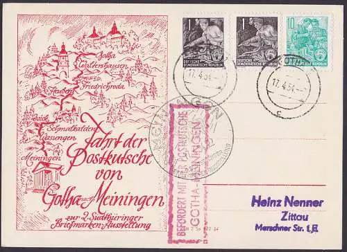 Postkutschenbeförderung Gotha - Meiningen Schmuckkarte mit Routenverlauf 1 Pfg. 5-Jahrplan I und II 17.4.54