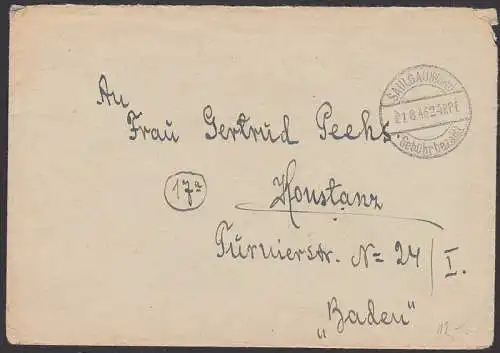 Saulgau (Württ,) K1 21.8.46 24 RPF. Gebühr bezahlt nach Konstanz