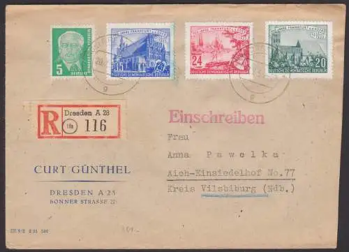 Frankfurt an der Oder R-Brief mit 5 Pfg. W. Pieck aus Dresden nach Aich-Einsiedelhof (322)