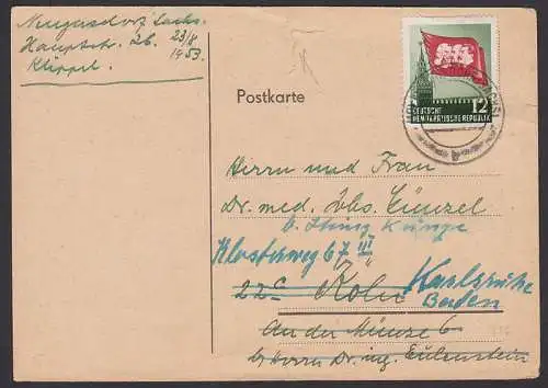Karl-Marx-Jahr 12 Pfg. mit Kreml, Karte nach Köln und Weiterleitung n. Karlsruhe, Kt. oben Riss (346)