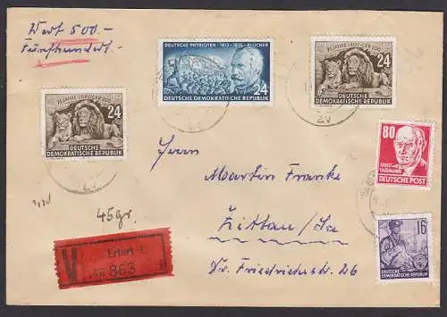 Ernst Thälmann 80 Pfg. rot (340) auf Wertbrief  aus Erfurt, dabei Löwenpaar Zoo Leipzig