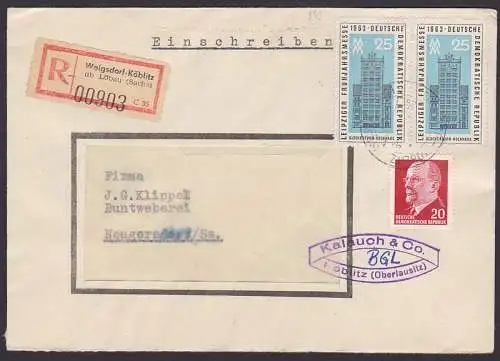 Weigsdorf-Köblitz üb Löbau (Sachs) R-Brief, Fernbrief mit Messe Glockenturmhochhaus Leipzig (949)