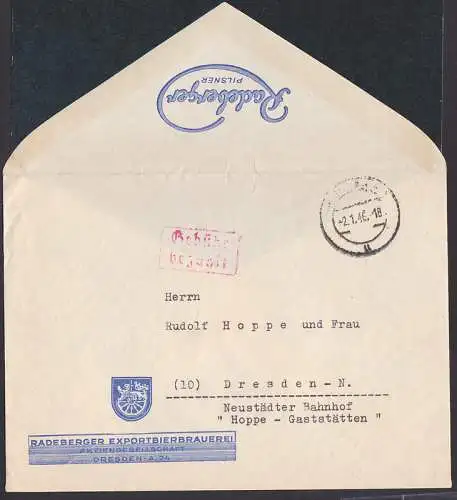 Radeberger Pilsner, Barfranaktur vm 2.1.46 nach Dresden an "Hoppe - Gaststätten"