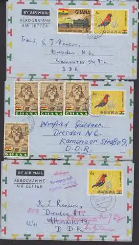 Ghana 3 Briefe, dabei Monument of Nubia (rs. zwei weitere Marken), Eisenbahn-Loks, Z4 verzögert