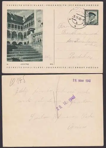 Dubno  25. IV. 40 50 Heller Bildpostkarte Opocno nach Pardubice, Spätverwendung