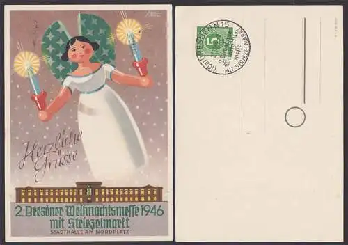 Weihnachtsmesse 1946 mit Striezelmarkt Stadthalle am Nordplatz, Künstlerkarte  SSt. 21.2.46, Engel