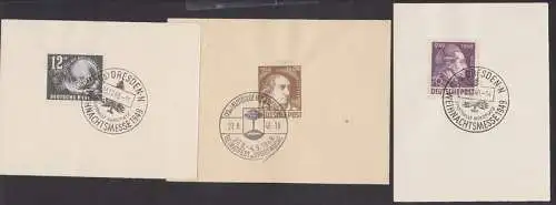 Tag der Briefmarke 1949 und J. W. von Goethe drei Brierfstücke mit SSt. Dabei Stadthalle Nordplatz Dresden