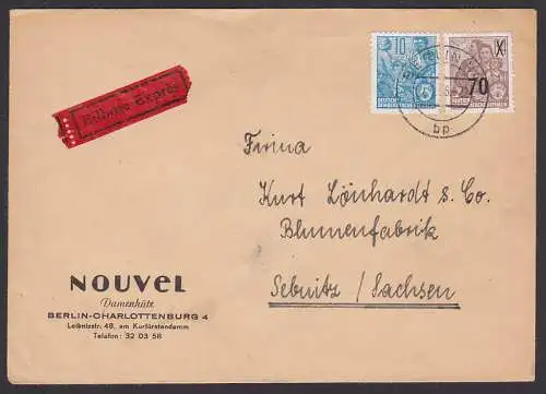 Berlin N4 Eil-Brief mit West-Berliner Absender NOUVEL Damenhüte nach Sebnitz, Portoersparnis!