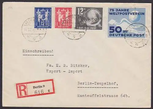 Postler, TdBfm, 75 Jahre Postverein (244) auf R-Brief Berlin W9 14.12.49