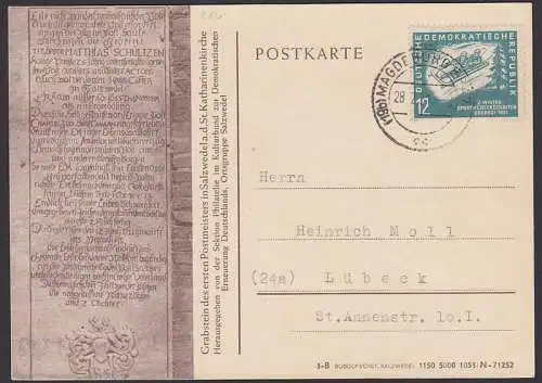 Oberhof  1951 12 Pfg. Wintersportmeisterschaften auf Karte (280) mit Abb. Grabsteinplatte Postmeister Salzwedel