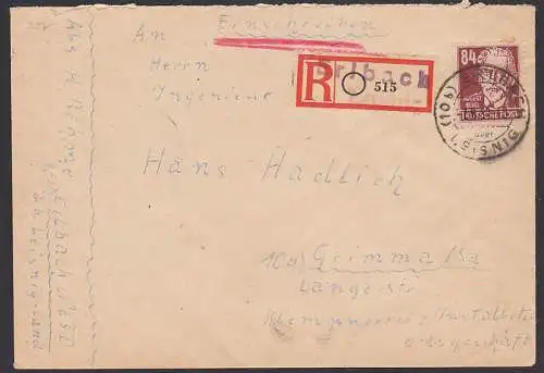 Erlbach über Leisnig Aushilfs-R-Zettel 7.8.50 mit 84 Pfg. August Bebel (227)