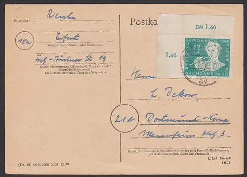 Bachjahr 1950 12+4 Pfg. lo. Eckrand, (256) Marke in Ordnung, Bug im Randstreifen