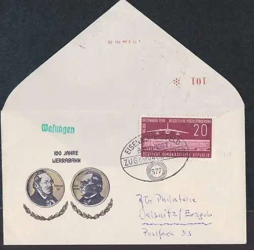 Schmuckbrief 100 Jahre Werrabahn grüner Z1 Wasungen Bahnpostst. num. Umschlag (661)