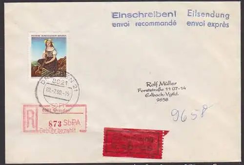 SbPA Dresden  mit Einl.-Schein R-EilBrief mit 70 Pfg. Gemälde
