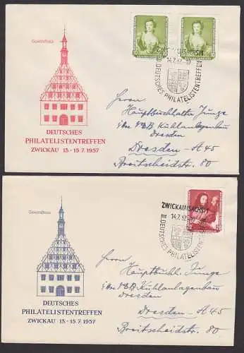 Zwickau 1957 SSt., Anlass-Umschlag in zwei Farben mit Gewandhaus