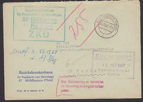 Mühlhausen (Thür) R5 ZKD-St. in grün statt violett Bezirkskrankenhaus für Psychiatrie, roter Z3 Bitte Briefumschlag 