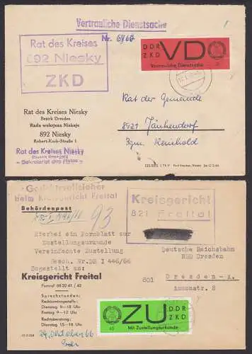 Niesky, Freital zwei ZKD-Briefe mit VD und ZU-Streifen Rat des Kreises, Kreisgericht (D3y, E2y)