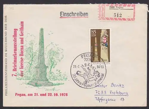 Pegau R-Brief mit 85 Pf Postmeilensäule (2856) SSt. 20 Jahre Karneval