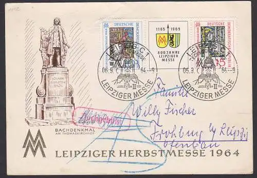 Bachdenkmal Leipzig Schmuckkarte mit Messe-Zdr. SSt. Technische Messe, Nachgebühr, diese wieder gestrichen