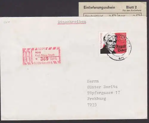 August Bebel 20 Pfg. (3310) auf R-Bf Karl-Marx-Stadt mit SbPA -Pergamnin dabei Einl.-Schein
