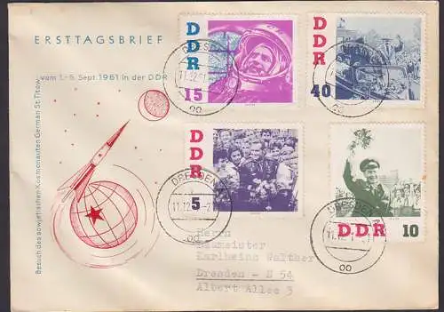 German St. Titow 15 Pf (265) mit anderen Werten vom Kosmonautenbesuch, OSt. Dresden  11.12.61