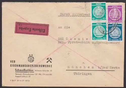 Dienst 48 Pf auf Eil Schmalkalden nach München bei Bad Berka, mit Bahnpostst. (A13), Bf eingerissen und hinterklebt