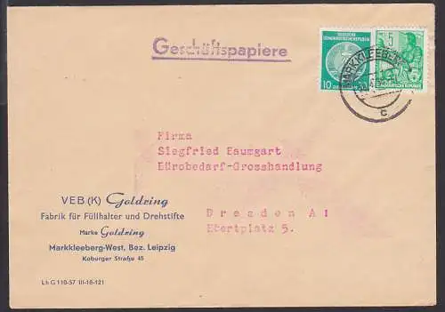 Markkleeberg 30.4.58,  G.-Papiere unerlaubte MiF zw. Dienst- und Freimarke, Abs VEB (K) Goldring
