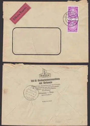 Ilmenau Dienst-Eilbrief mit 50 Pfg (A14) 5.1.57 nach Gotha, überfrankierter Doppelbrief (10 Pf zu viel)