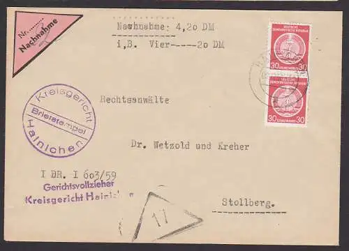 Hainichen Nachnahme-Fernbrief mit 30 Pfg Dienst (A11) nach Stollberg 5.12.59, Spätverwendung