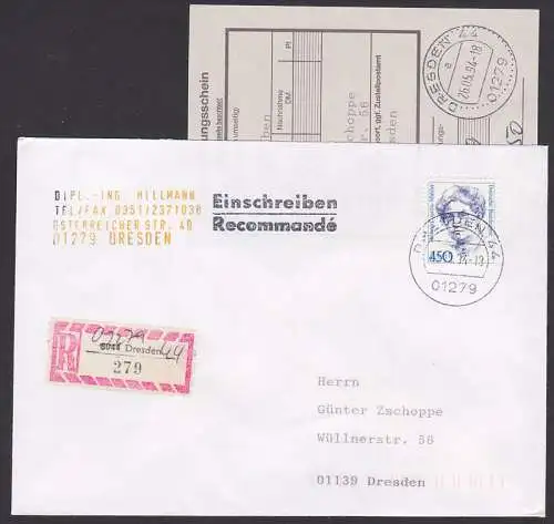 Dresden R-Brief mit hs. geänderter Postleitzahl , Ortsbrief 450 Pf Frauen (1614), mit Einl.-Schein und neuer PLZ