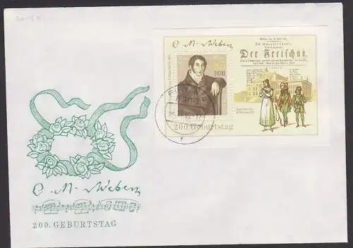 C. M. Weber 200. Geburtstag Block 86 (3055) OSt. Pirna vom Ersttag 4.11.86, Der Freischütz