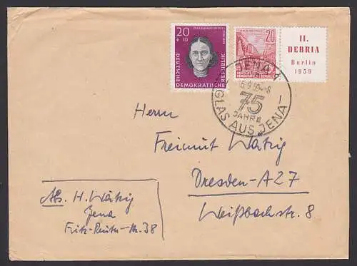 Jena SSt. 75 Jahre Glas aus Jena auf Brief zweite Portostufe, dabei Zw.-Feld II. DEBRIA Berlin 1959