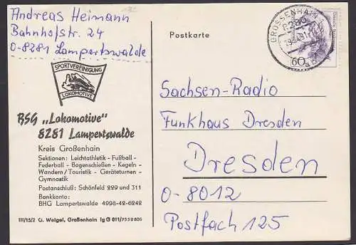 Gossenhain Postkarte mit Werbeeindruck der Sportvereinigung Lokomotive Lampertswalde 1991, (1362)