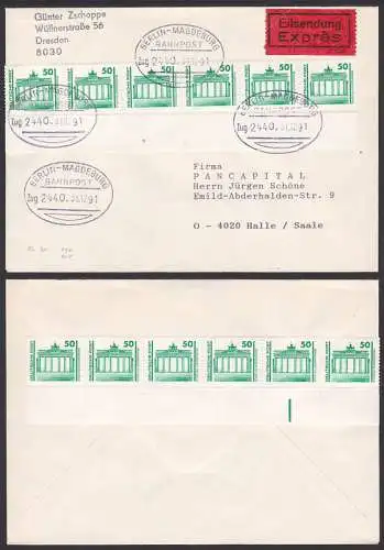 Rollenmarke Brandenburger Tor im 12er Streifen über den Rand geklebt. Eilsendung mit Bahnpost Berlin-Magdeburg
