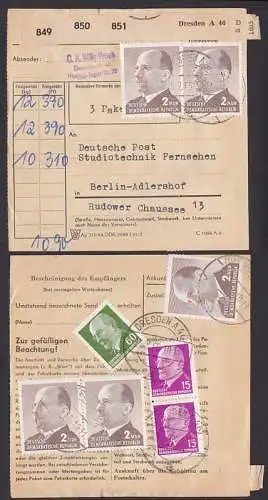 Paketkarte über 3 Pakete mit Porto zu 10,90, frankiert mit Ulbrichtmarken dabei 2 MDN 25.2.65