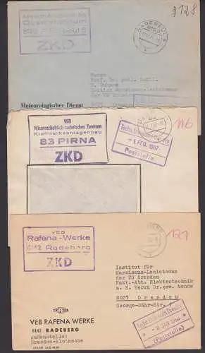 Pirna, Radeberg, Radebeul drei ZKD-Briefe mit Kastenstempel, Rafena, Kradtwerksanlagenbau, Observatorium