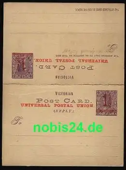 Victoria Ganzsache mit Antwortkarte 1 Penny mit rotem Aufdruck 1 1/2 *ca. 1890