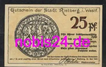 33397 Rietberg Notgeld 25 Pfennige 1921