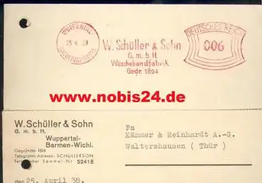 Wuppertal Schüller & Sohn Wäschebandfabrik Absenderfreistempel  o 25.4.1938