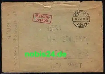 Marburg roter Gebühr bezahlt Stempel  13.9.1945