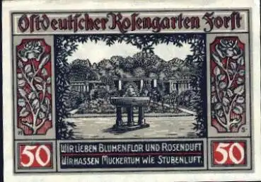 03149 Forst Lausitz Städte-Notgeld 50 Pfg. Ostdeutscher Rosengarten Brunnen 1921