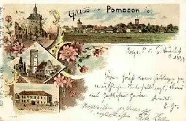 04668 Pomssen Gasthof zum weisen Schwan Farblitho o 7.8.1899