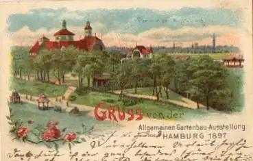Hamburg Allgemeine Gartenausstellung Farblitho Partie an Austellung gebr. 1897