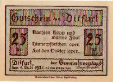 06484 Ditfurt Städtenotgeld 25 Pfennige 1921