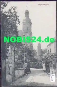 01744 Dippoldiswalde, Strassenansicht mit Kirche *ca. 1920