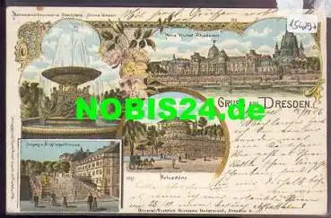 Dresden Farblitho Albertplatz Frauenkirche  o 14.11.1906