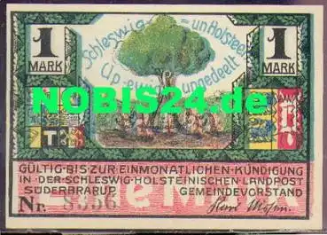 24392 Süderbrarup Schleswig Holstein Notgeld Gutschein über 1 Mark Nr. 8356 um 1920