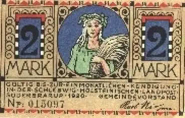 24392 Süderbrarup Schleswig Holstein, Notgeld Gutschein über 2 Mark Nr. 015097 um 1920