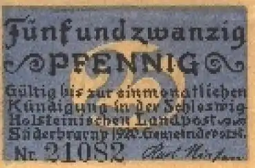 24392 Süderbrarup Schleswig Holstein Notgeld Gutschein über 25 Pf. Nr. 21082 um 1920