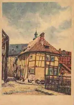 06484 Quedlinburg Ältestes Fachwerkhaus Künstlerkarte M. Schewe *um 1947